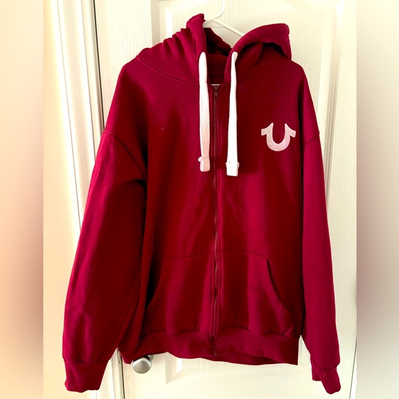 True Religion men’s burgundy embroidered size large zip up hoodie - Picture 1 of 8